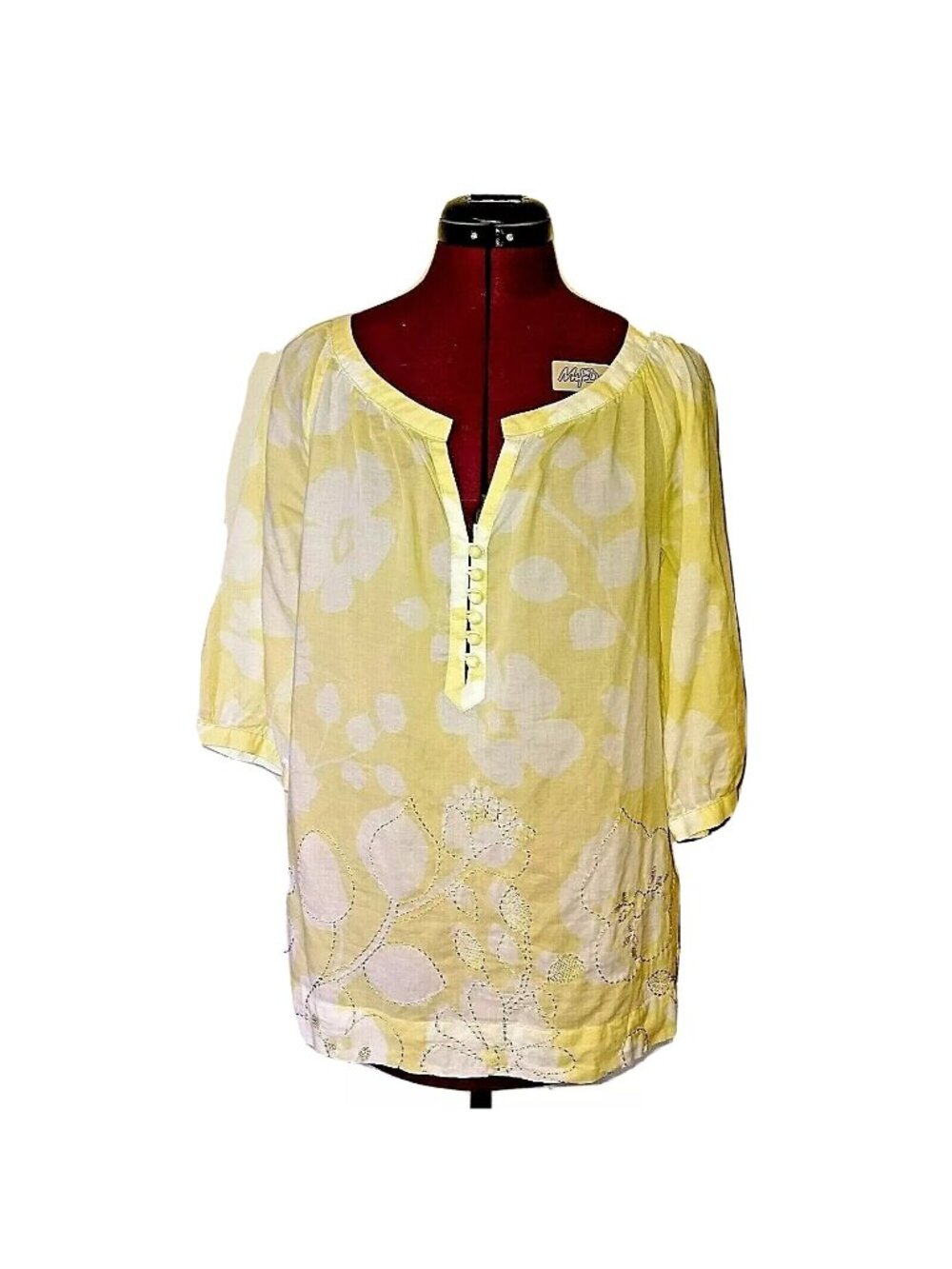 CAbi Songwriter Tunic S Women Small Yellow White Embroidered Floral Boho Peasant